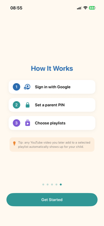 خطوات البدء في VideoNook: تسجيل الدخول بحساب Google، وتعيين رمز PIN، واختيار قوائم التشغيل